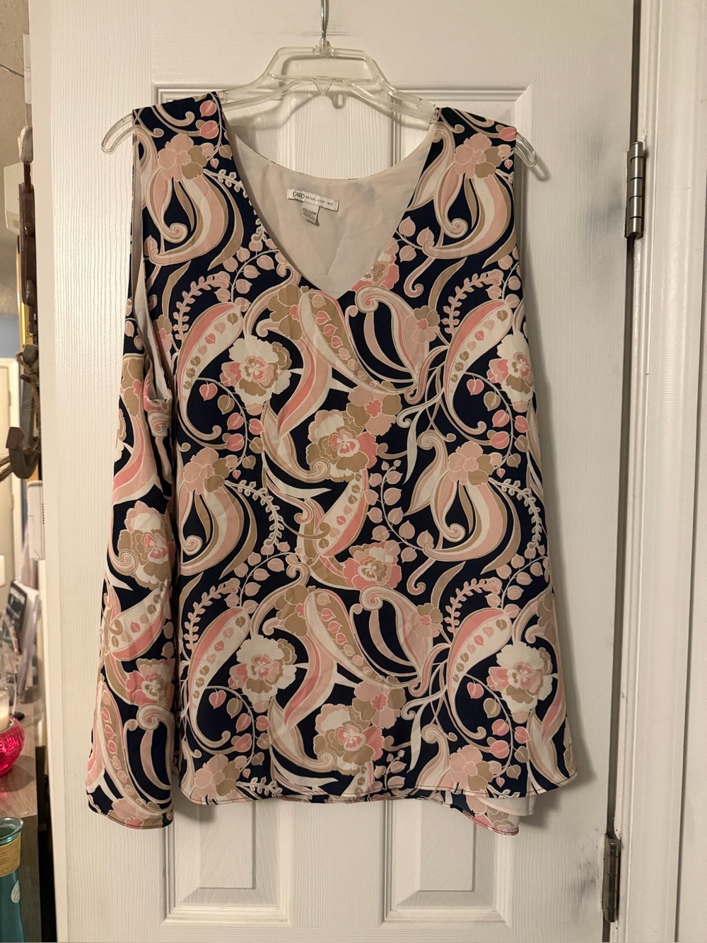 Cato Navy Paisley V-Neck Sleeveless Top - Pink & Cream Floral